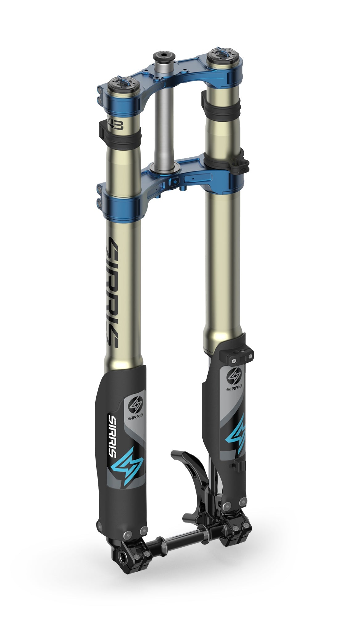 Sirris F43 CMX fork with blue clamps, three quarter view