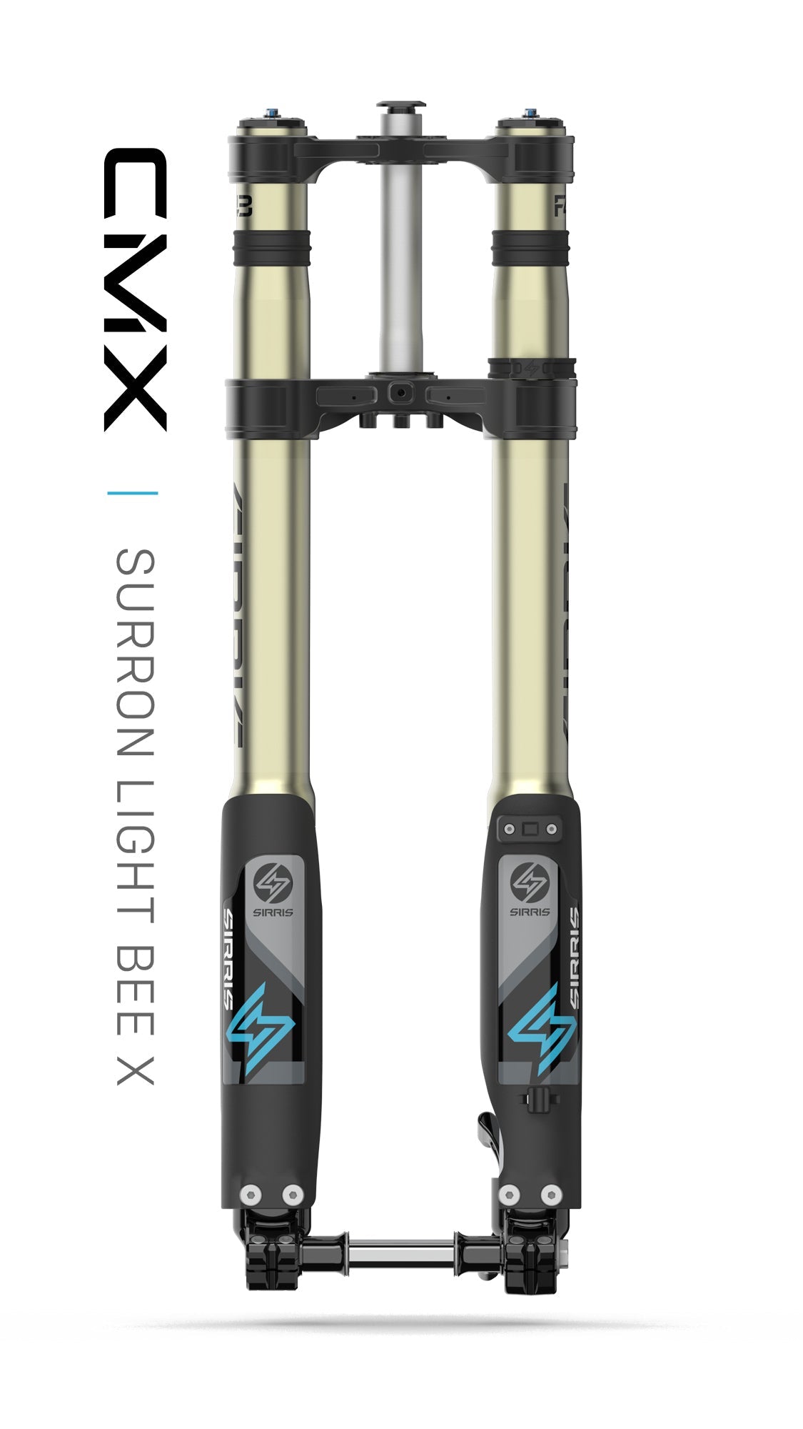 Sirris F43 CMX Tune 220mm fork for Sur Ron Light Bee X with black clamps, front view
