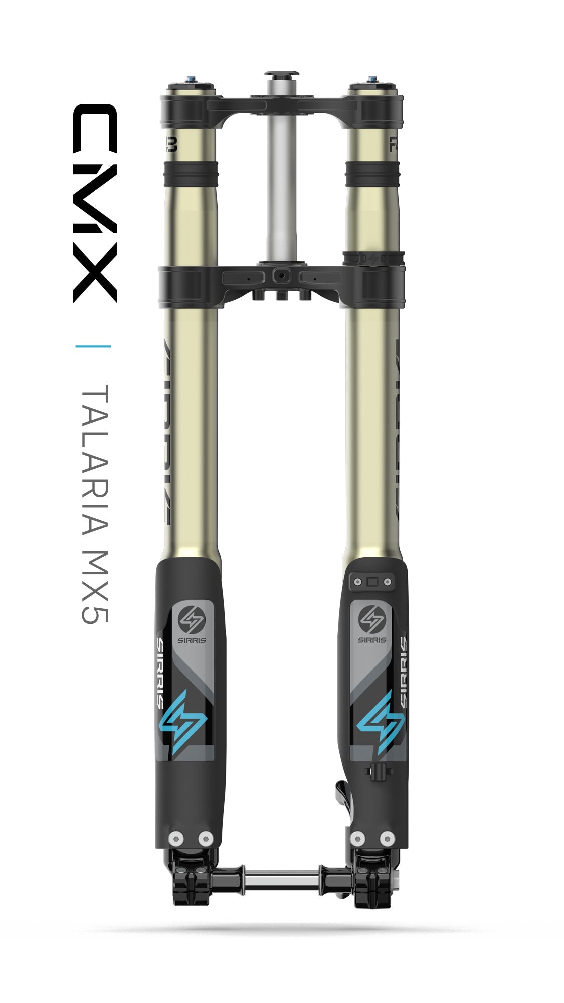 Sirris F43 CMX Tune 220mm fork for Talaria MX5 with black clamps, front view