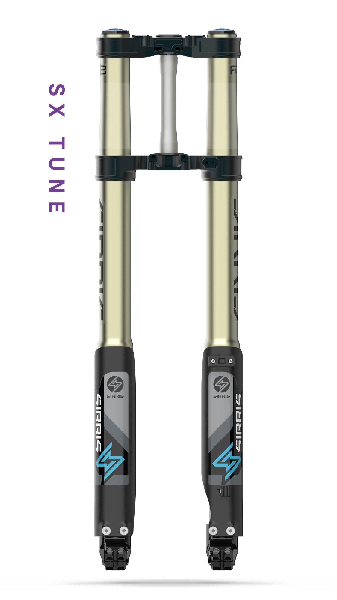 Sirris F43 SX Tune 260mm fork for Sur Ron Ultra Bee with black clamps, front view