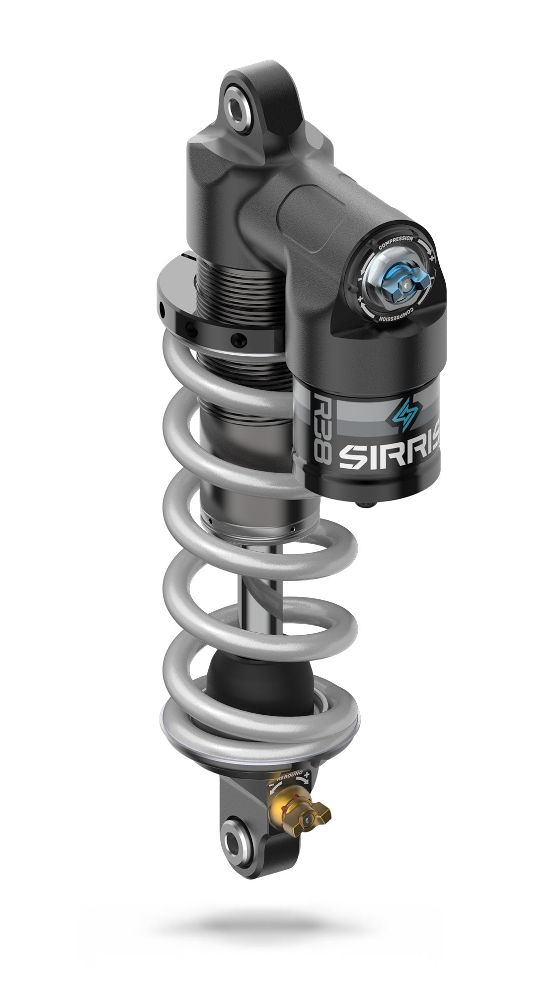 Sirris R38 rear shock, perspective view