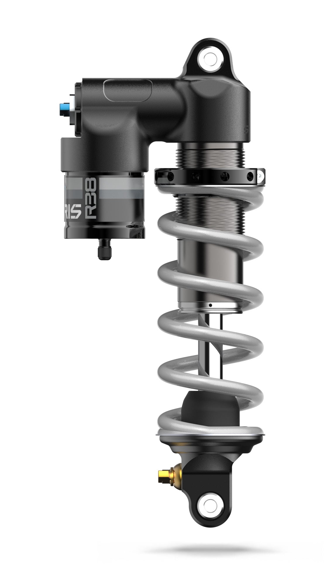 Sirris R38 rear shock, right side showing tool free compression adjuster