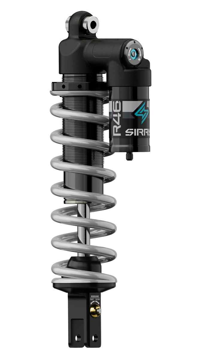 Sirris R46 LSC rear shock, three quarter view