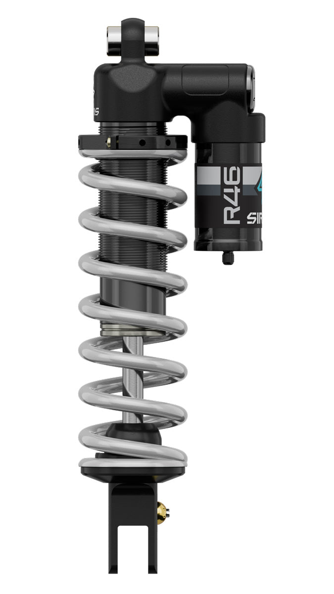 Sirris R46 LSC rear shock, side view showing piggyback reservoir